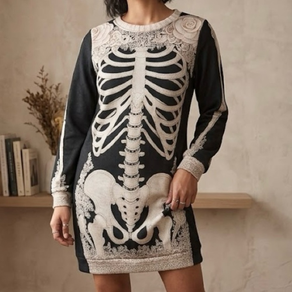 Gothic Anatomical Skeleton Bone & Rose Sweatshirt Dress Cream & Charcoal S NWOT